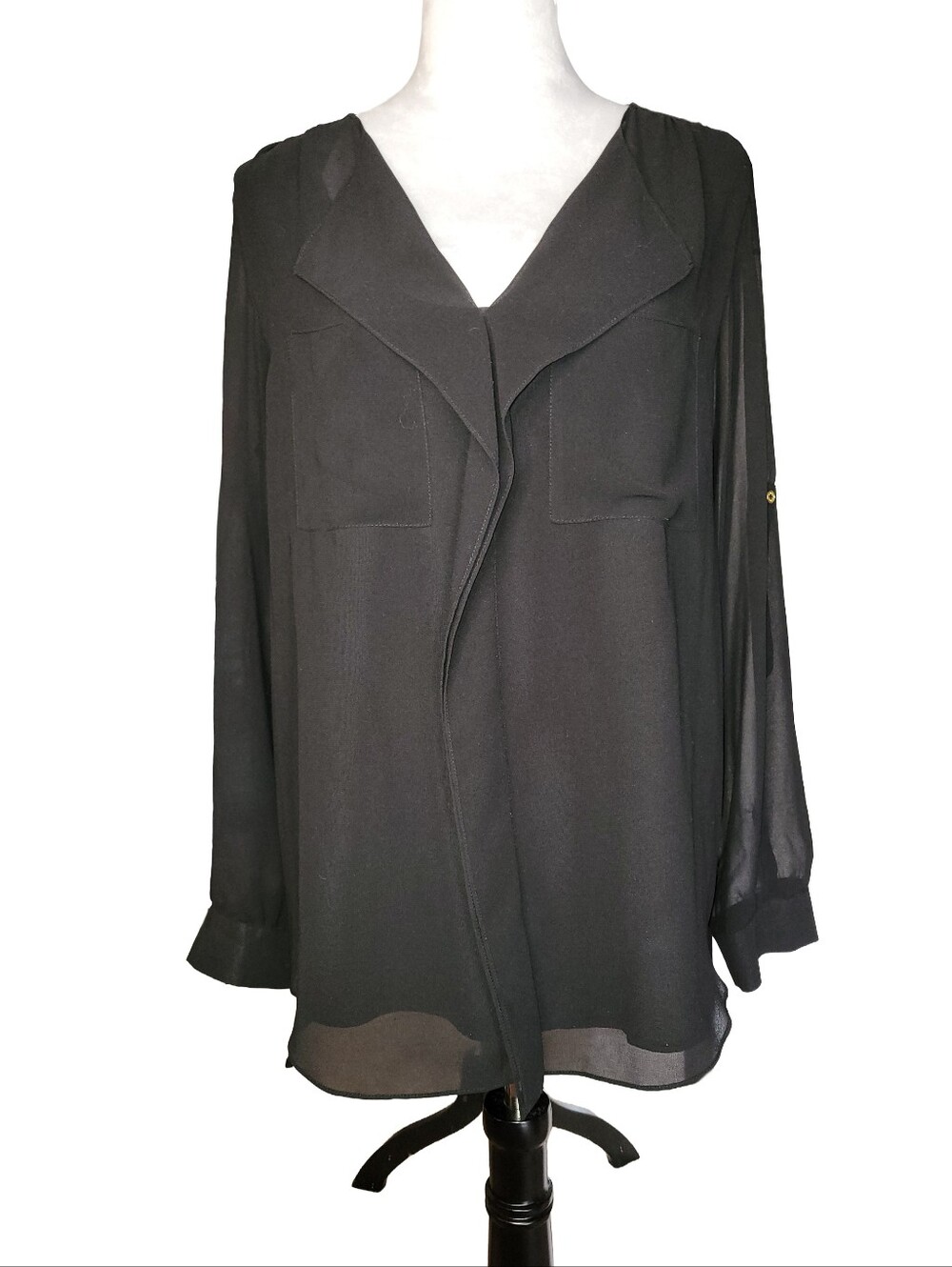 Calvin Klein Sheer Drape Collar V-Neck Pullover Top Roll-tab Sleeves Large